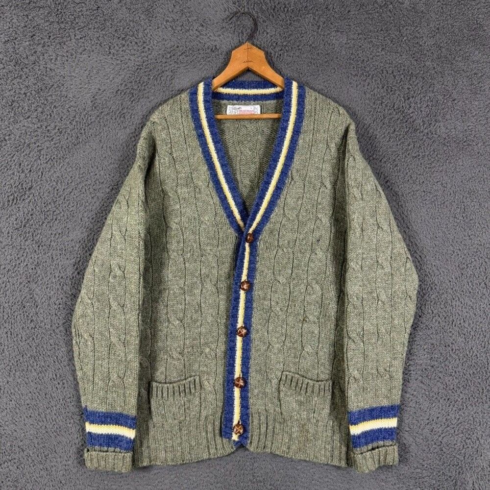 Vtg Braemar Sweater Mens Large Green Cable Knit Cardigan Shetland Wool Tennis